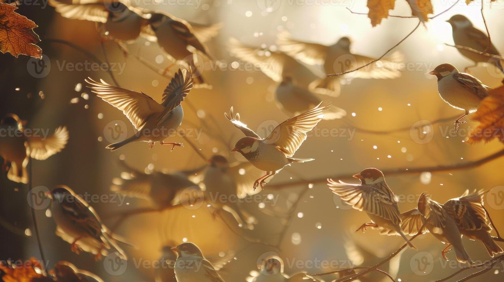 A flock of birds takes flight from a nearby tree startled by the loud noise and light of the flaring gas photo