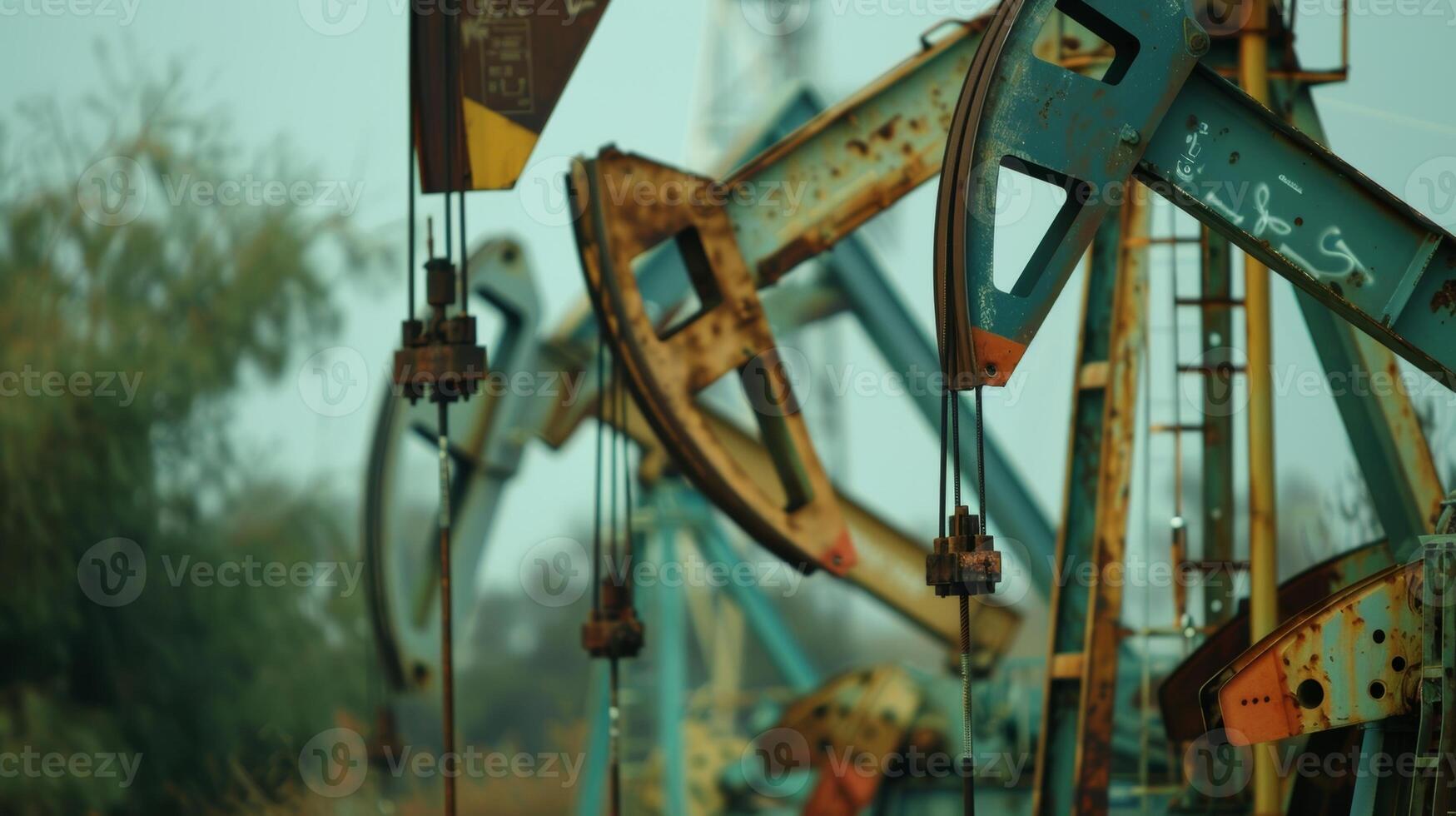 A of pumpjacks rhythmically bobbing up and down pulling oil from deep beneath the earth photo