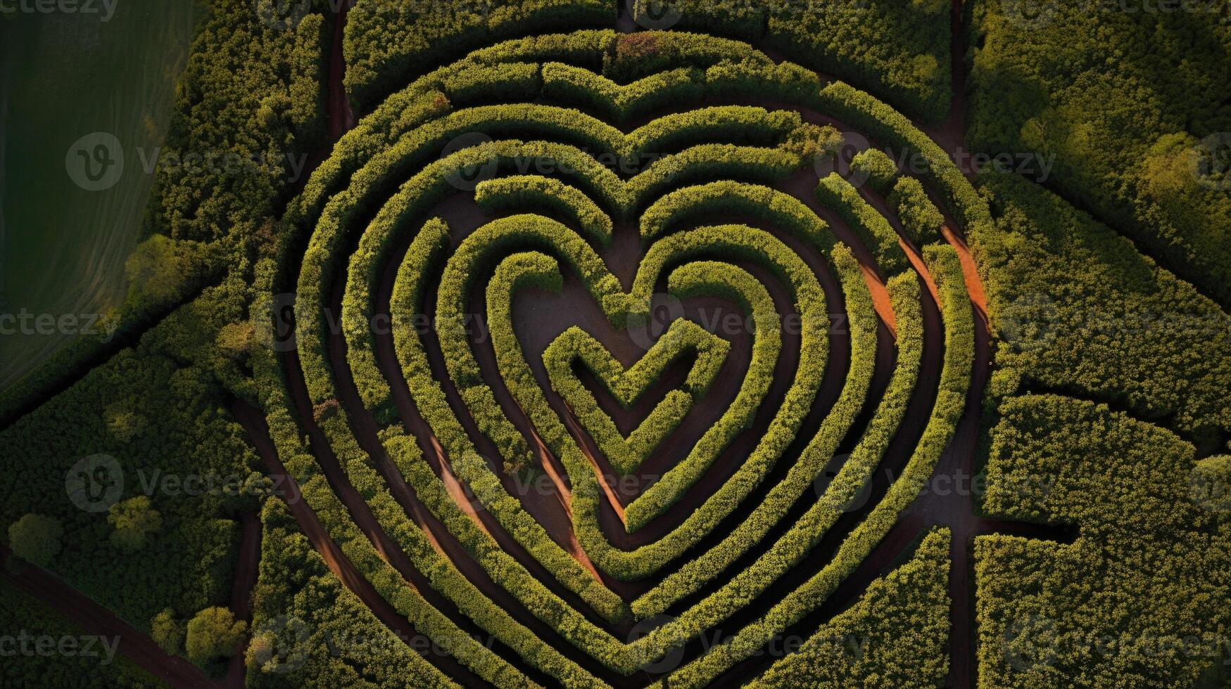 Aerial view of a carefully manicured hedge maze, with a heartshaped patch of bright red flowers acting as a beacon in the center, luring in those seeking their soulmate. photo