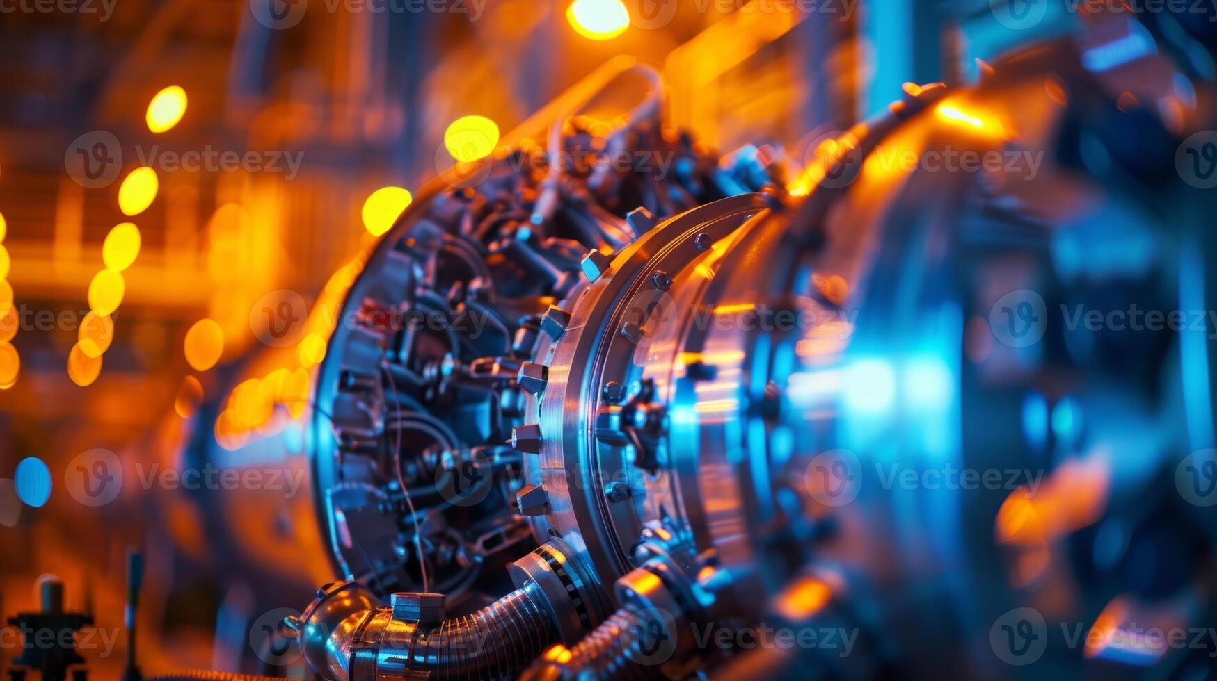 A nighttime photo of an industrial turbine lit up by colorful industrial lights adding an artistic touch to its functional purpose