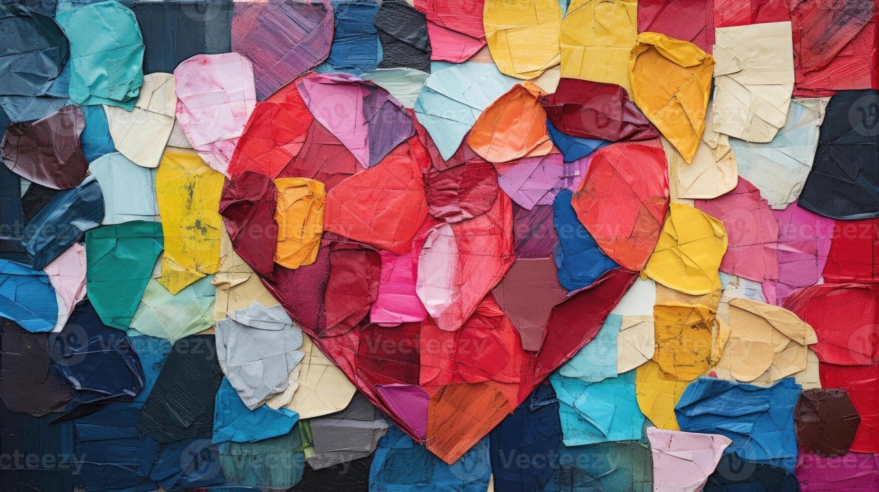 A closeup of a heart collage made entirely from pieces of torn tissue paper, creating a vibrant and textured design. photo