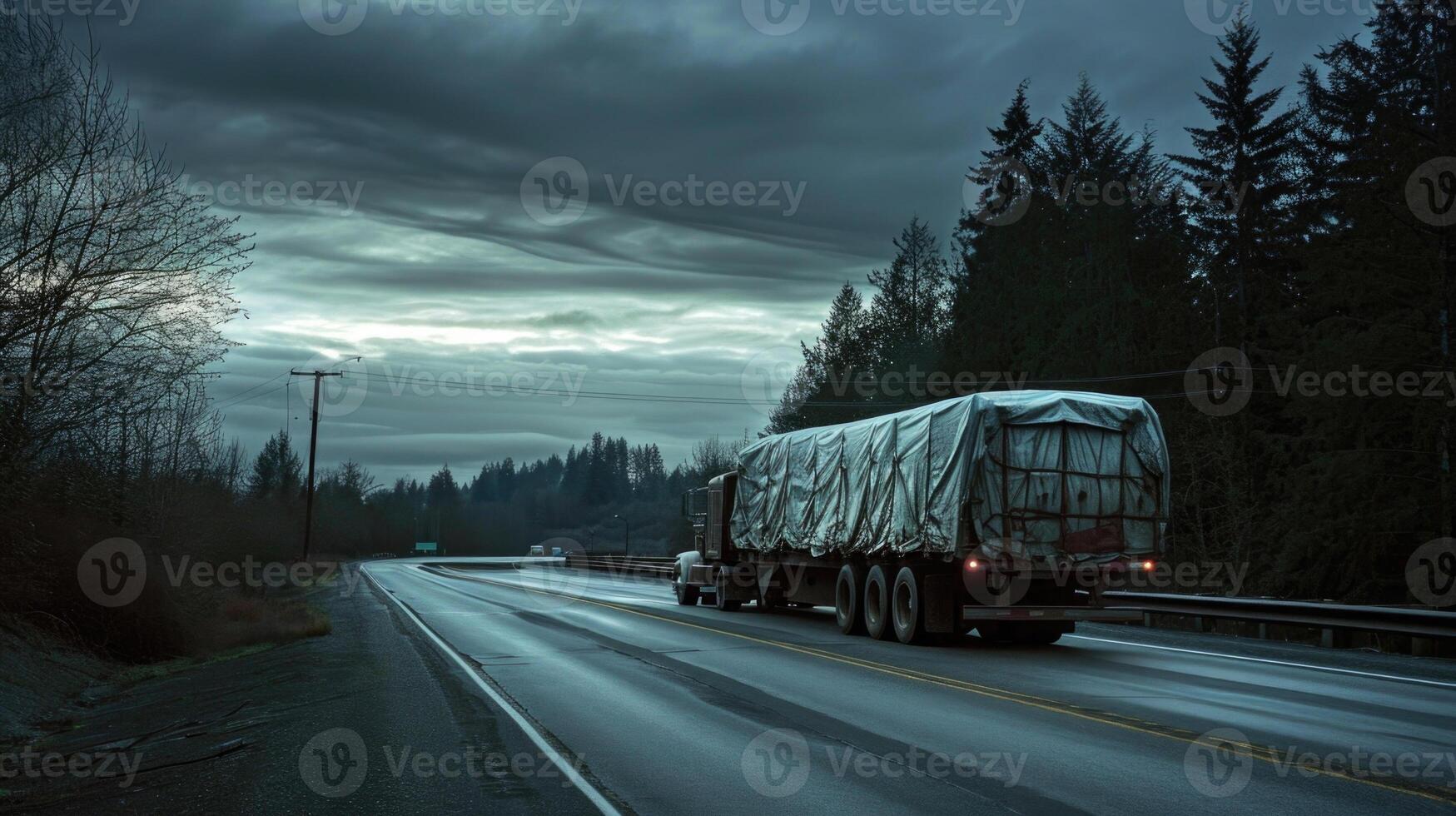 A flatbed truck covered in plastic tarps and marked with biohazard symbols drives down a deserted highway in the dead of night. photo
