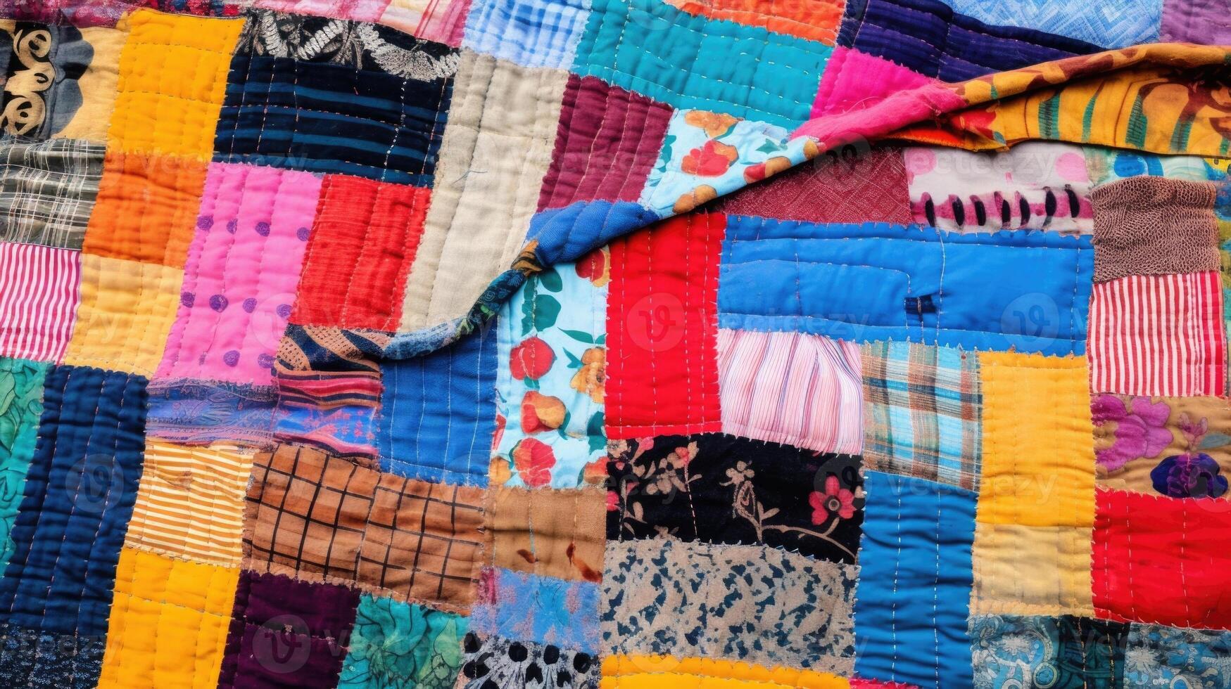 A colorful patchwork quilt, sewn together by hand with a variety of fabrics, making each stitch and pattern a representation of the makers creativity and dedication. photo