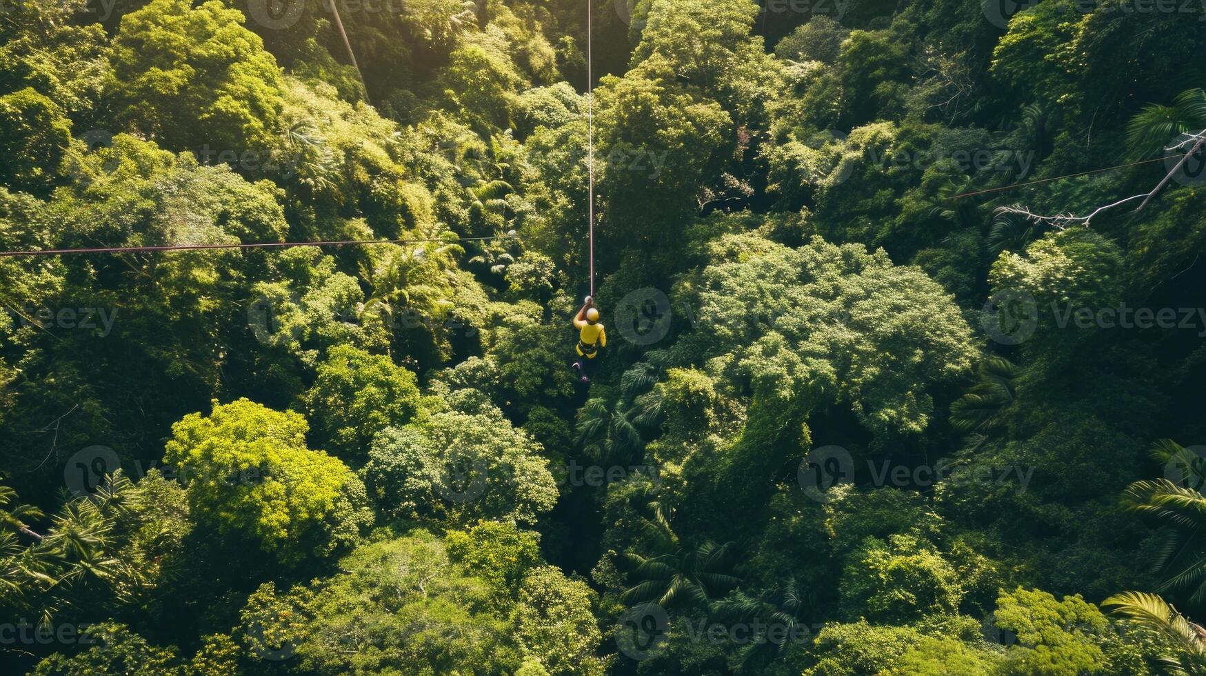 An aerial shot of an adventurer ziplining through the lush green trees of the adventure park, highlighting the vastness of the experience. photo