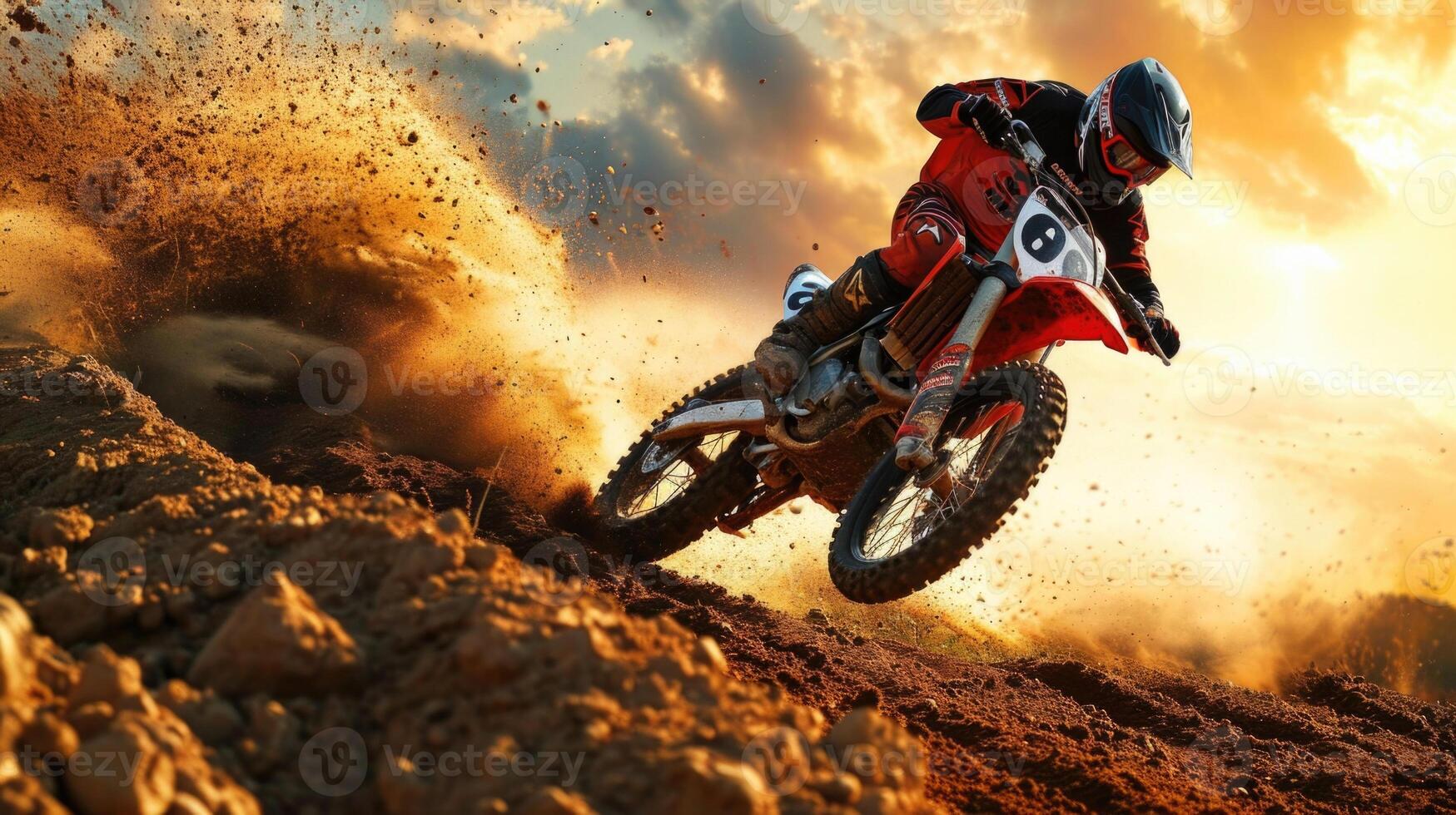 With a trail of dirt flying behind him, the motocross rider seems to float above the ground as he jumps over a large gap. photo