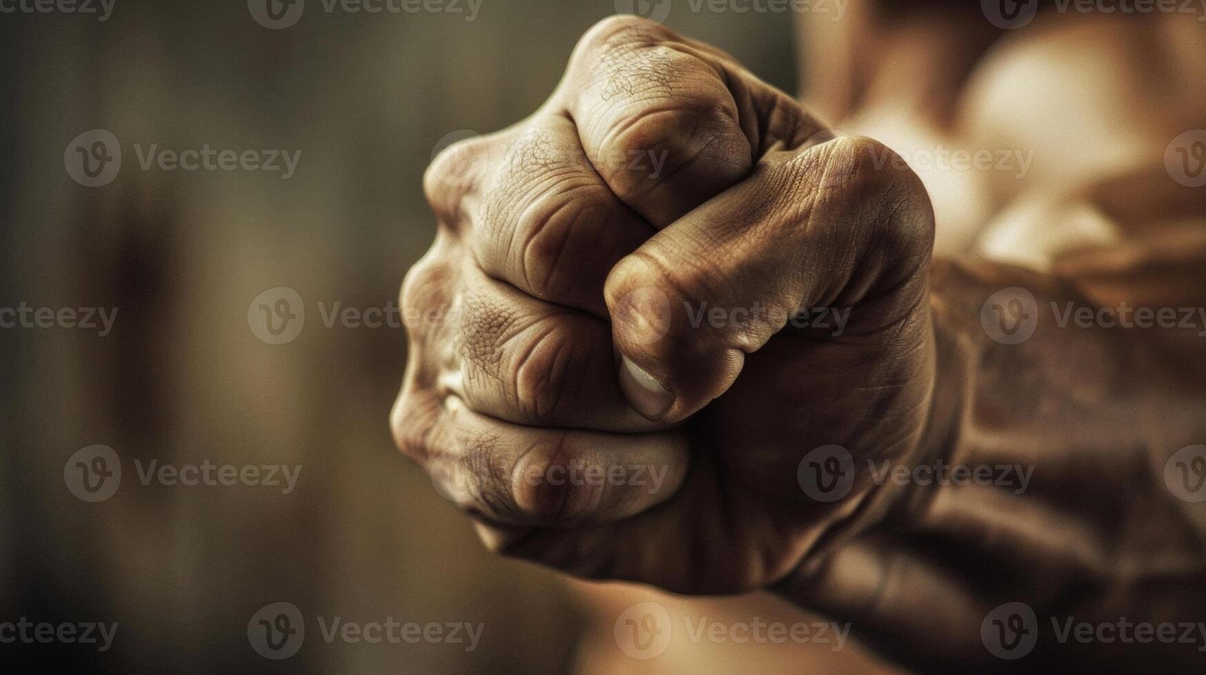 A closeup of a weightlifters clenched fist showcasing their impressive strength and determination in the gym photo