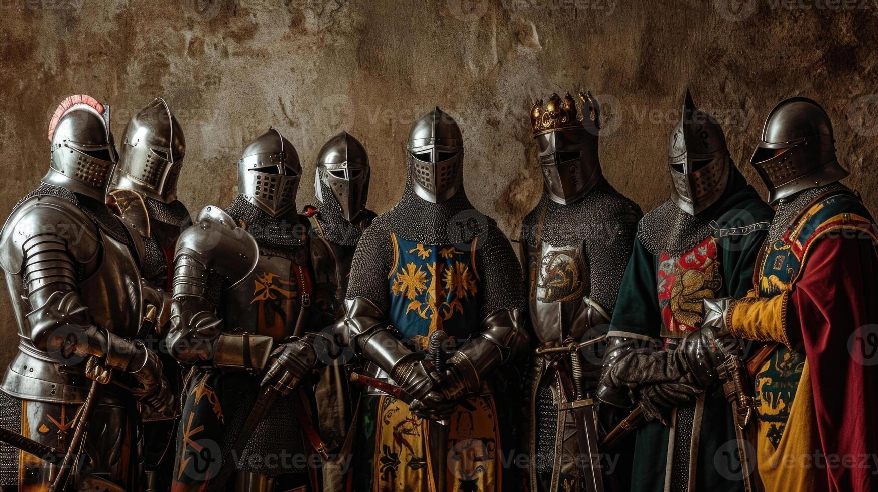 A group of knights posing for a portrait, each displaying a different coat of arms on their armor, representing their families and allegiances. photo