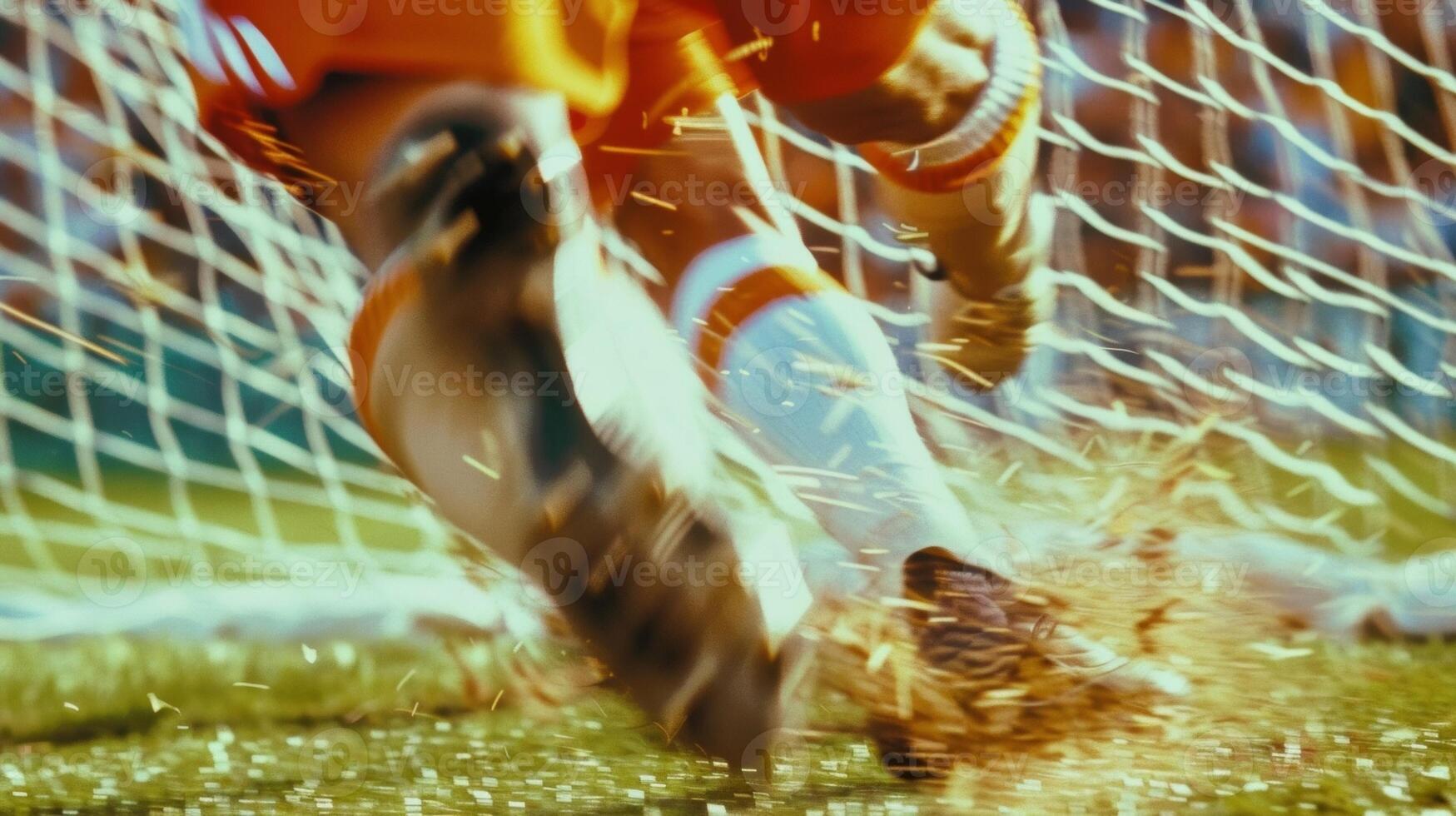 A blurred closeup of a players foot midkick as they aim for the back of the net photo