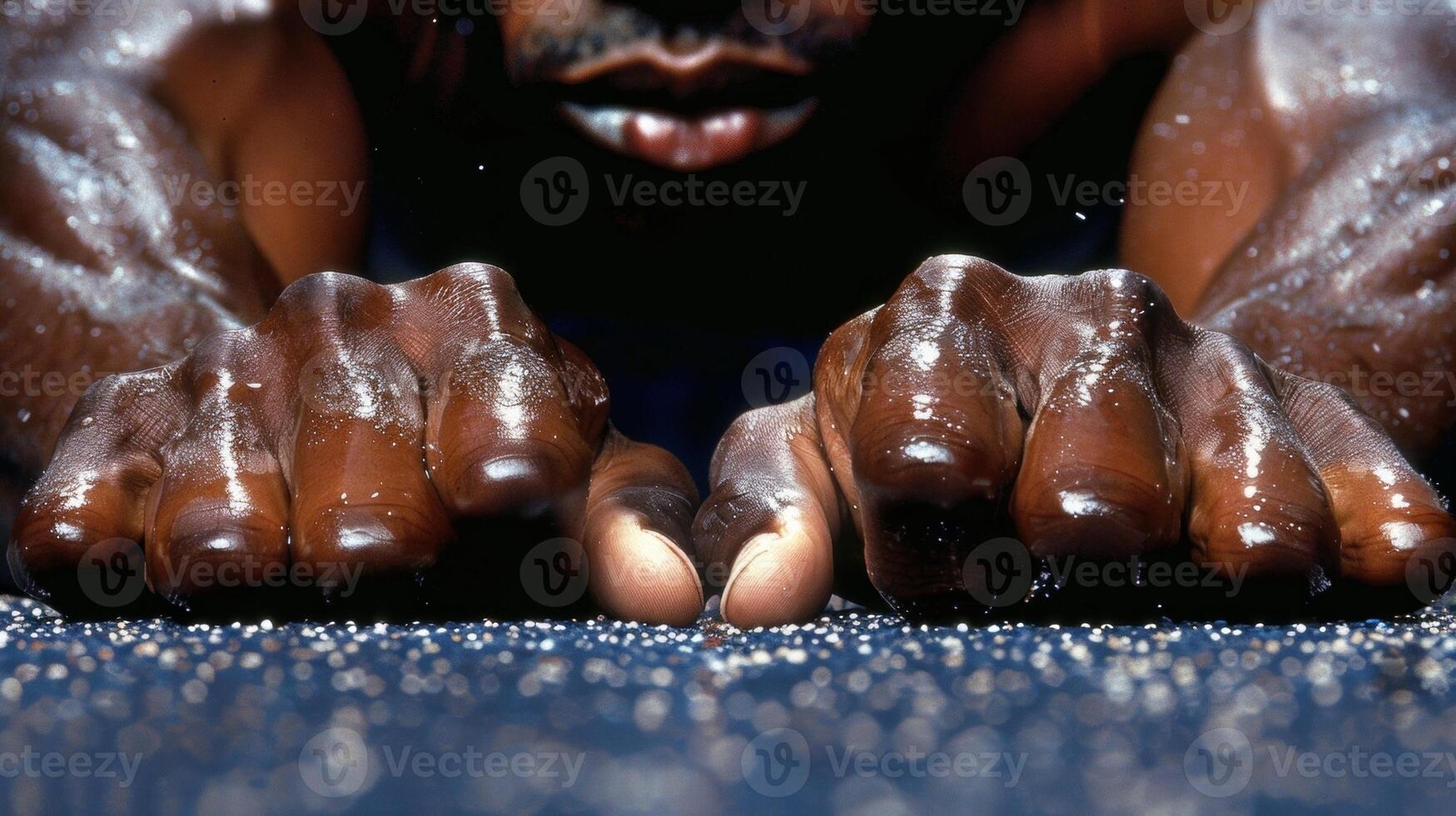 The hands of a sprinter gripping the starting blocks tightly showcasing the strength and agility required for the sport photo