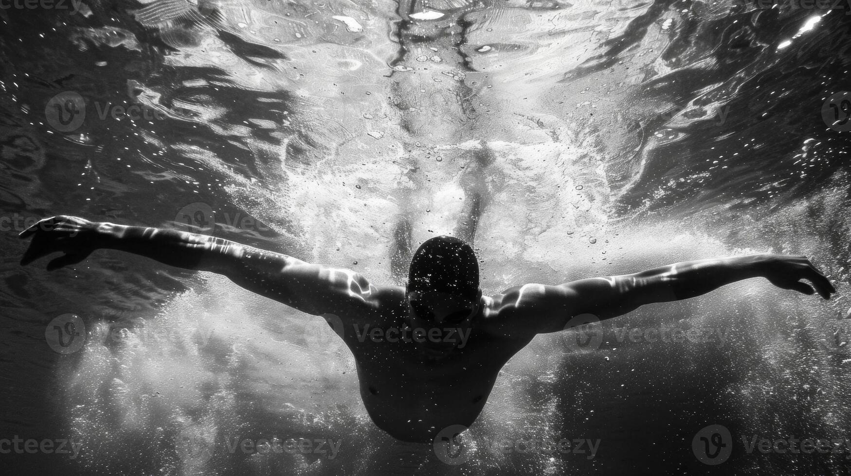 The graceful arch of a swimmers body as they gracefully exee a butterfly stroke photo