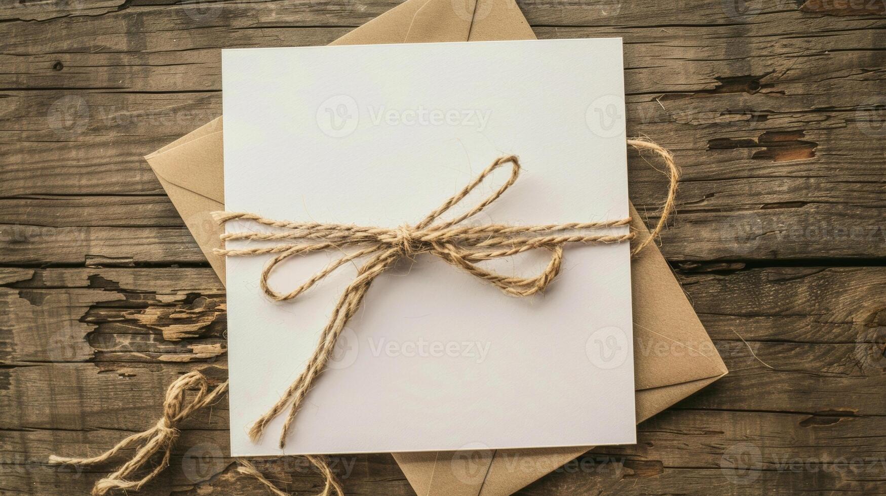 Blank mockup of a rustic country wedding invitation with a charming woodgrain design and twine accents photo
