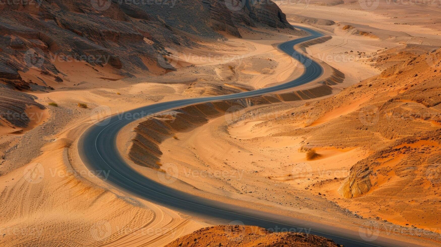 As the road winds through the barren desert the mesmerizing mirage remains everpresent drawing travelers further into its grasp. . AI generation photo