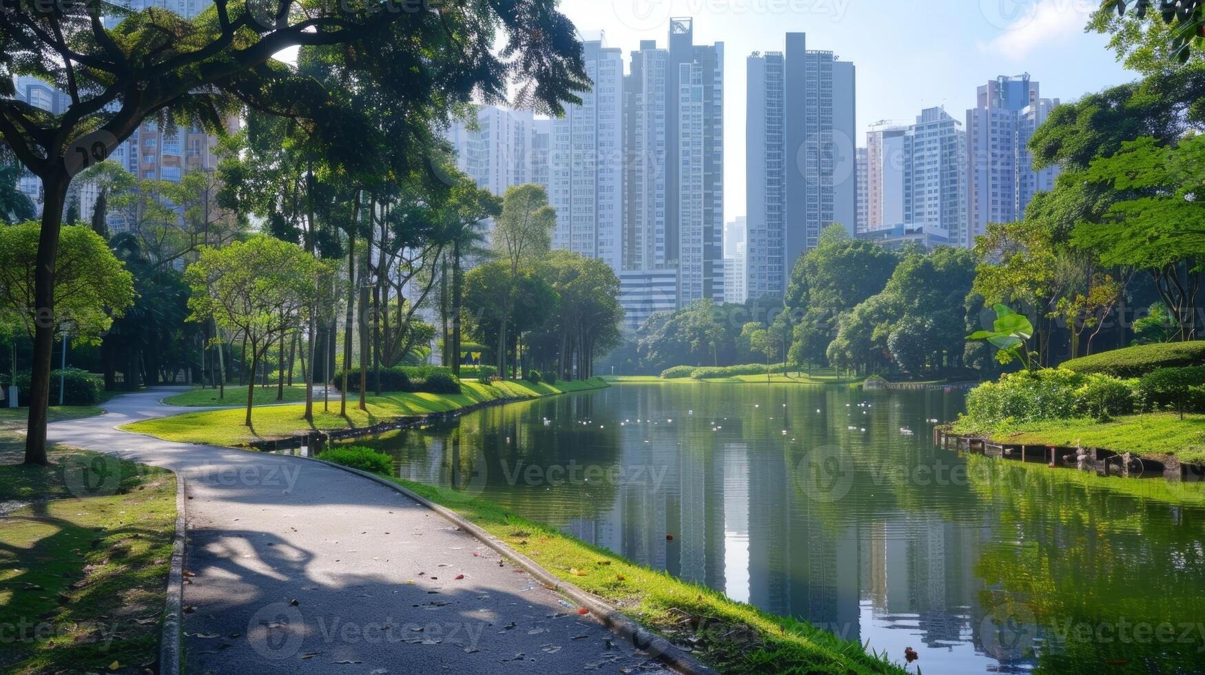 In the midst of a bustling cityscape a narrow road winds through a serene park. The meticulously maintained greenery and tranquil . AI generation photo