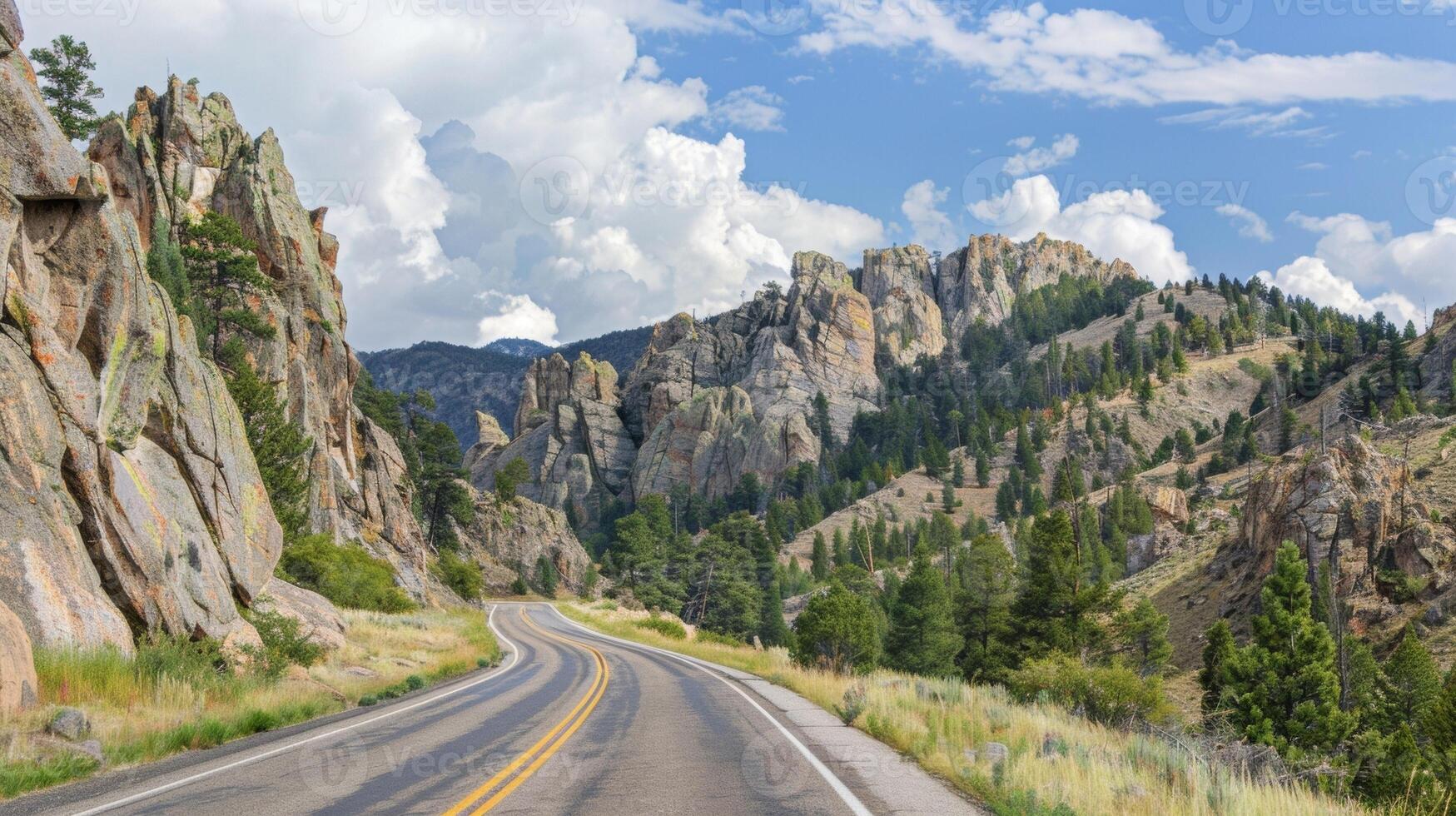 The highway s through a rugged mountain landscape with rocky cliffs and jagged peaks rising up on either side. . AI generation photo