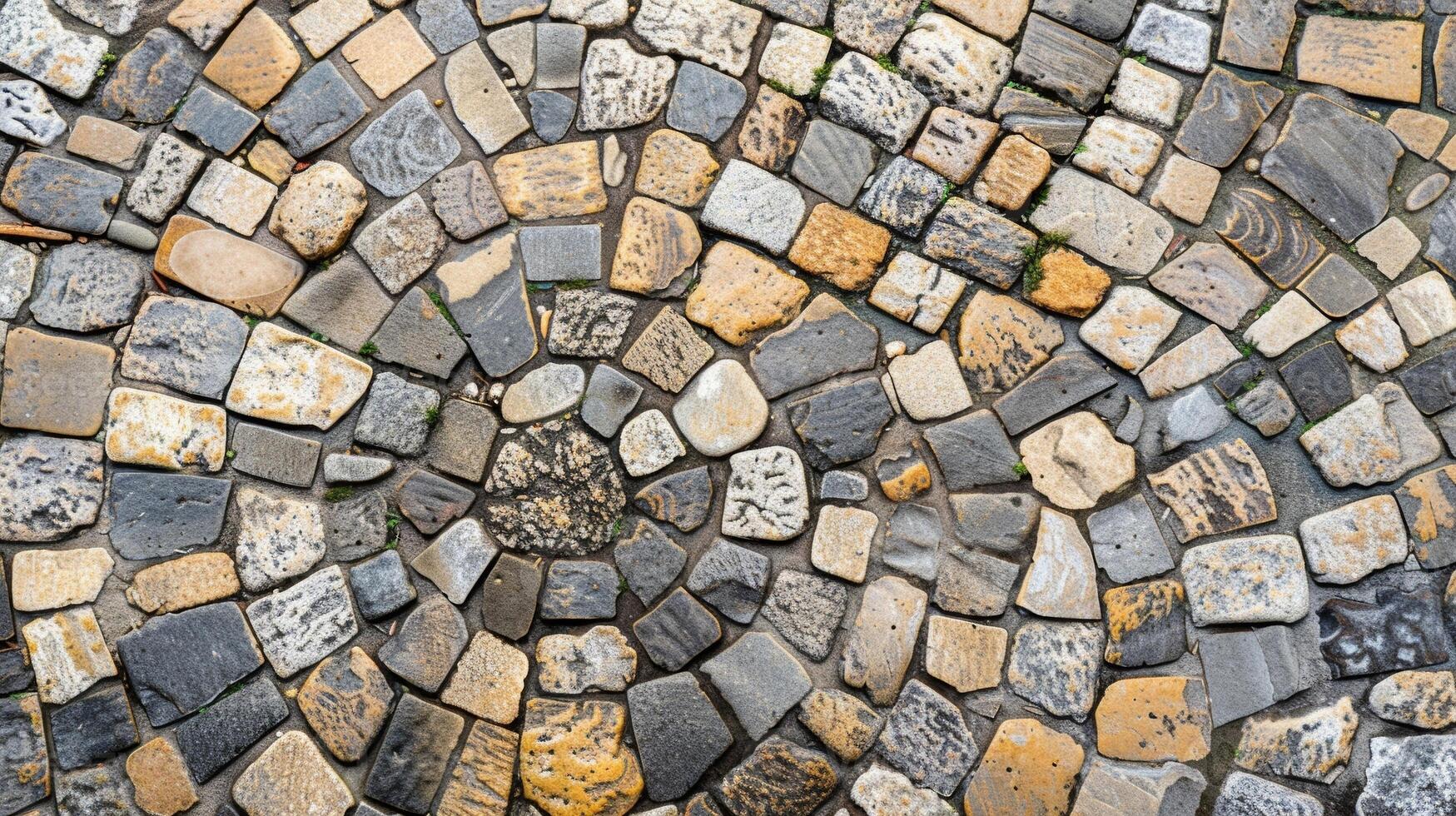 An intricate mosaic pattern of grey and tan cobblestones creates a pathway through a charming cobblestone village. . AI generation photo