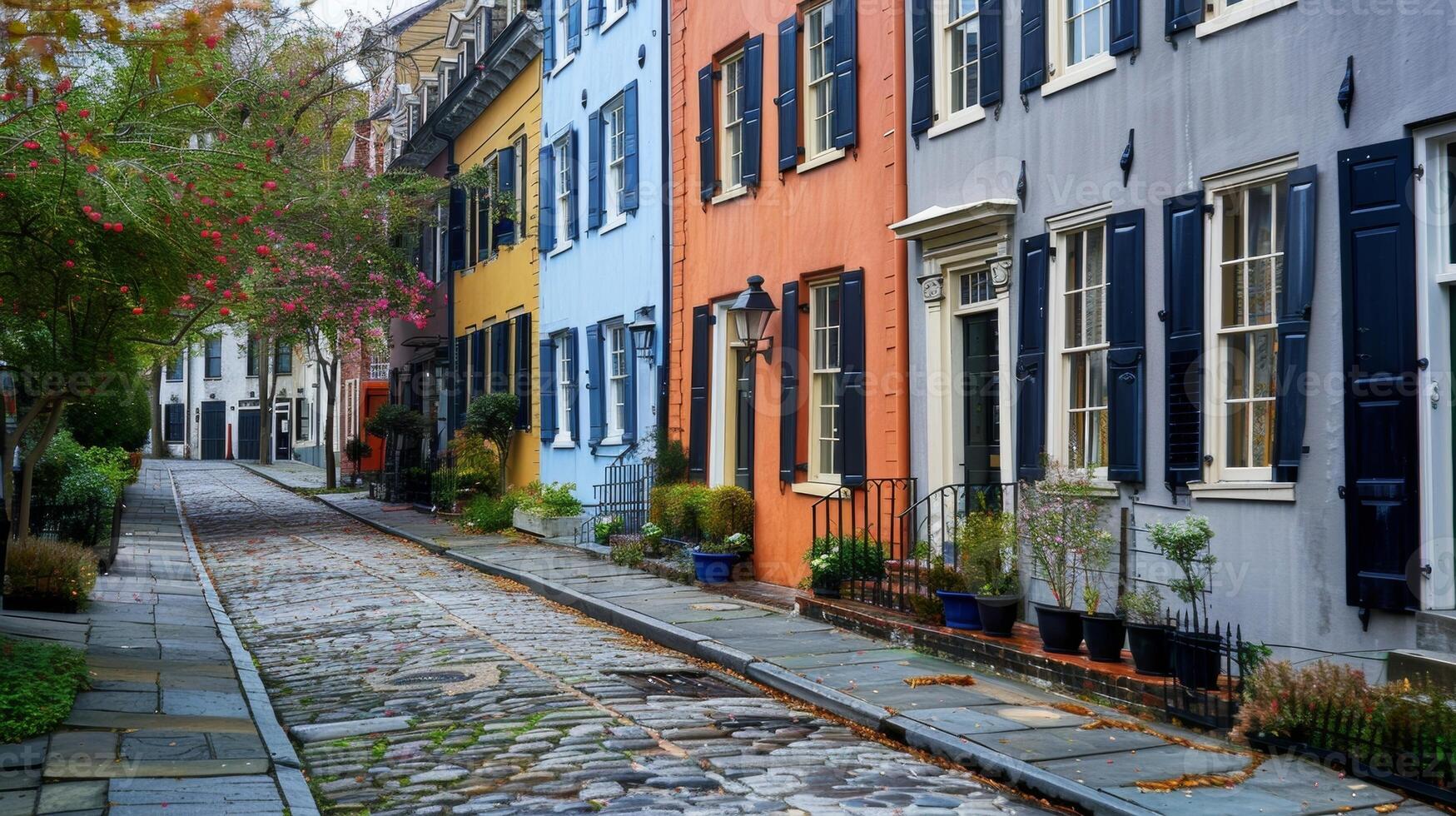 A row of quaint cobblestone houses line the street their colorful facades adding to the symphony of architectural textures and details. . AI generation photo