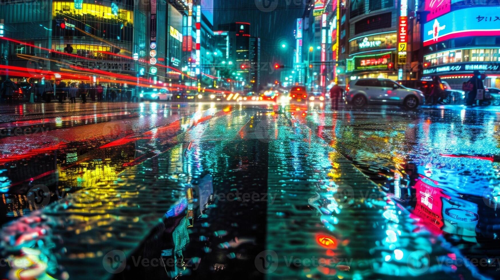 A busy intersection is awash in city lights and wet pavement creating a mesmerizing dance of reflections. . AI generation photo