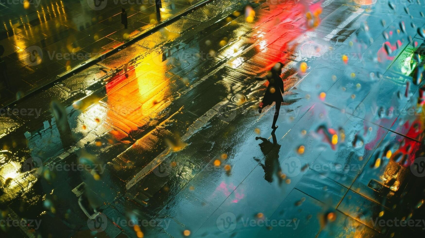 A street performer soaked from the rain continues to dance to the beat of the city their lively movements casting a blur on the wet . AI generation photo