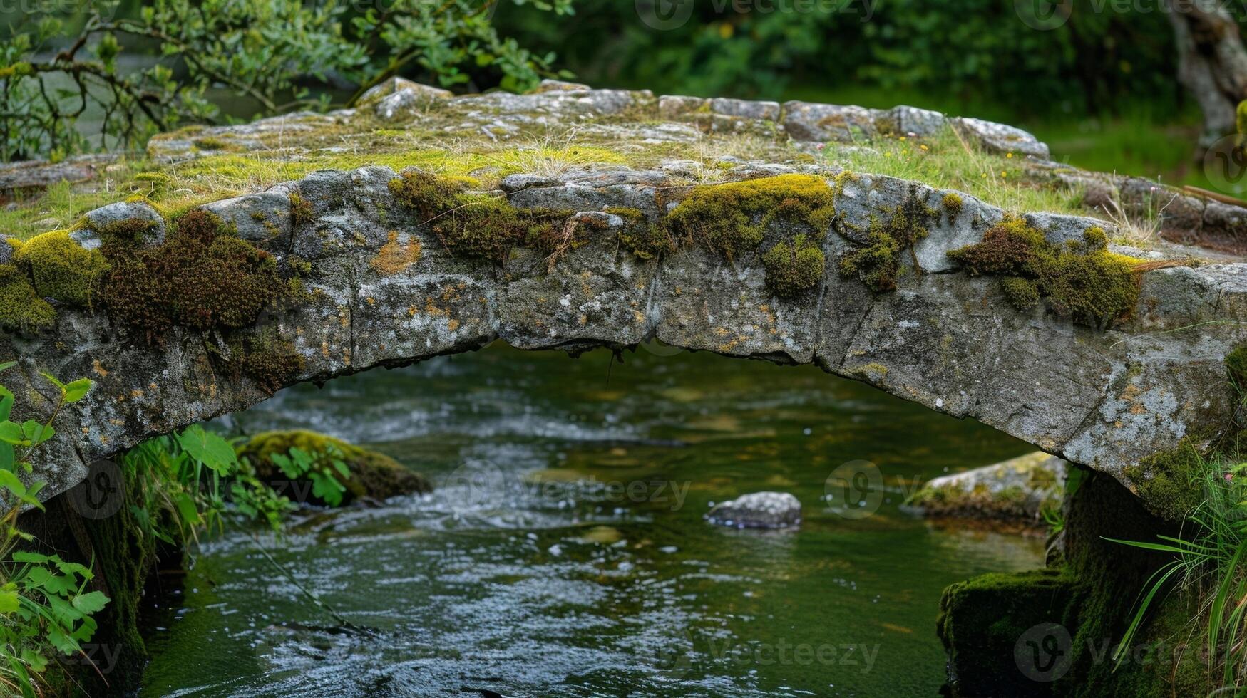 An old stone bridge spans a gurgling stream its cracked and mosscovered surface serving as a reminder of the countless journeys taken . AI generation photo