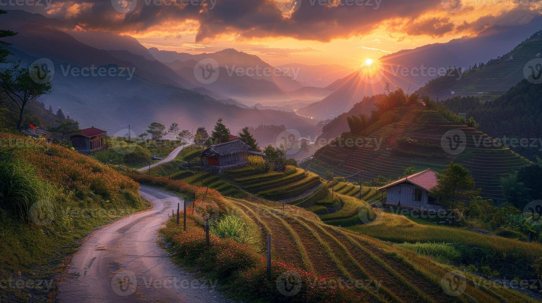 A peaceful mountain village sits nestled in the valley with a winding road leading up to it. The sun sets behind the distant peaks . AI generation photo