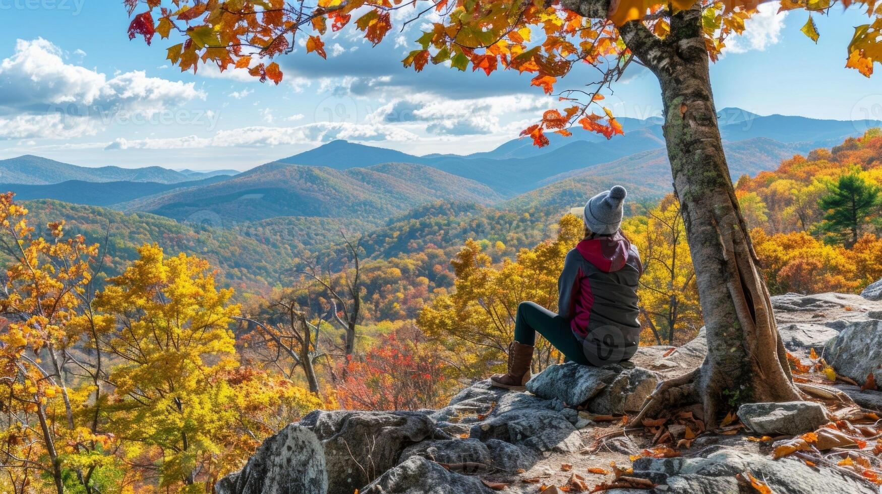 A woman sits on a large rock back facing the camera as leans against a tree and takes a moment to rest during hike through . photo