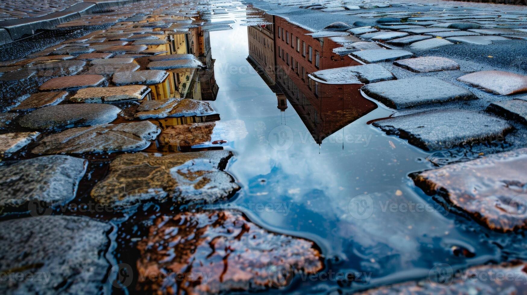 Rain puddles reflect the old buildings that line the cobblestone road hinting at the history and stories held within their walls. . AI generation photo