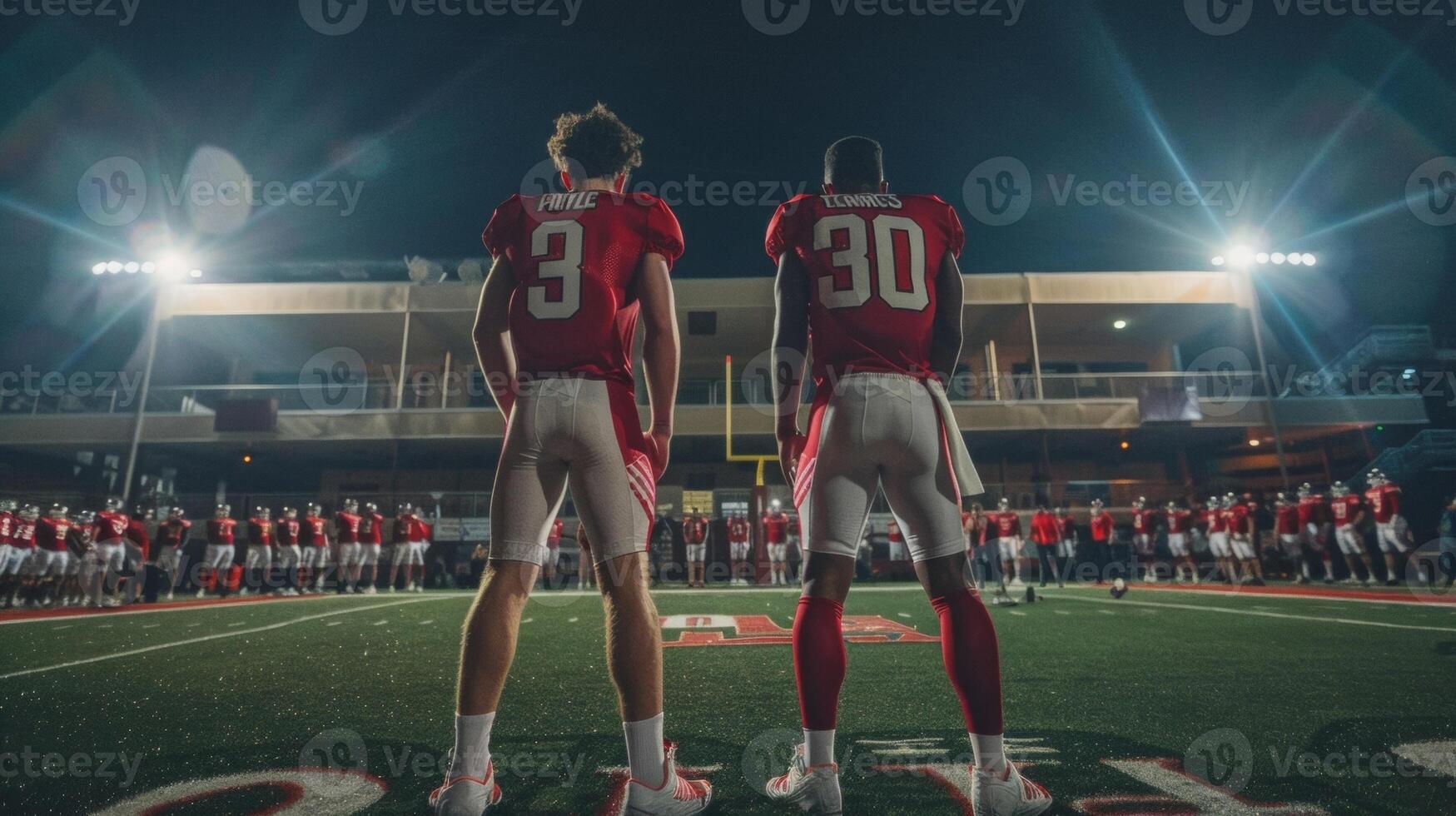 Two athletes stand side by side backs to the camera as they stretch out muscles before a big game. They are both clad . photo
