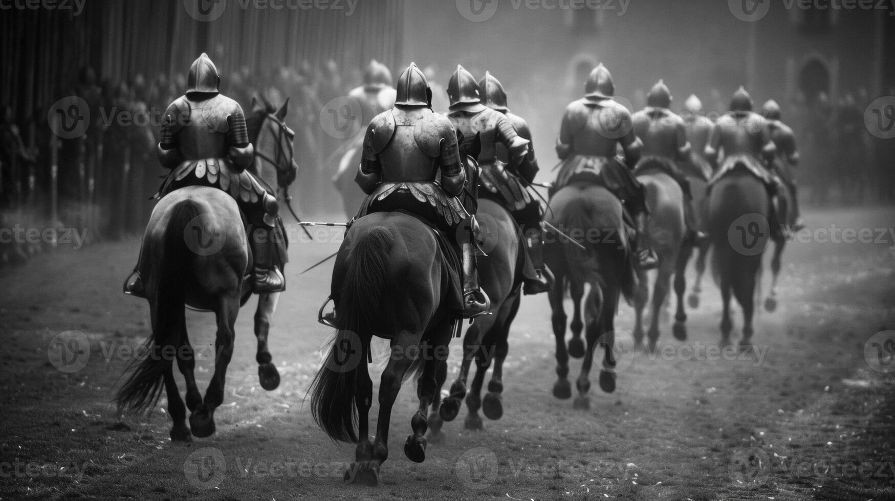 A line of armored horses backs to the camera gallop towards the jousting field. powerful muscles rippling under . photo