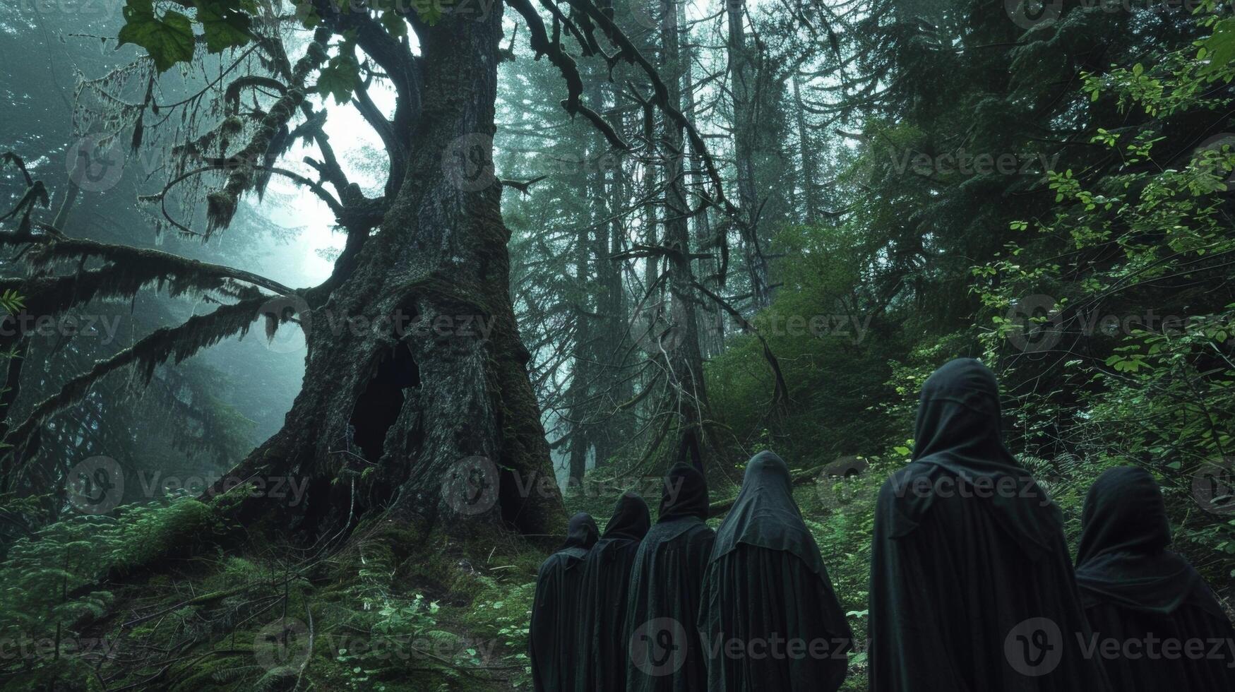 A group of hooded figures stands together backs to the camera as they face a huge ancient tree. In the stillness of the forest . photo