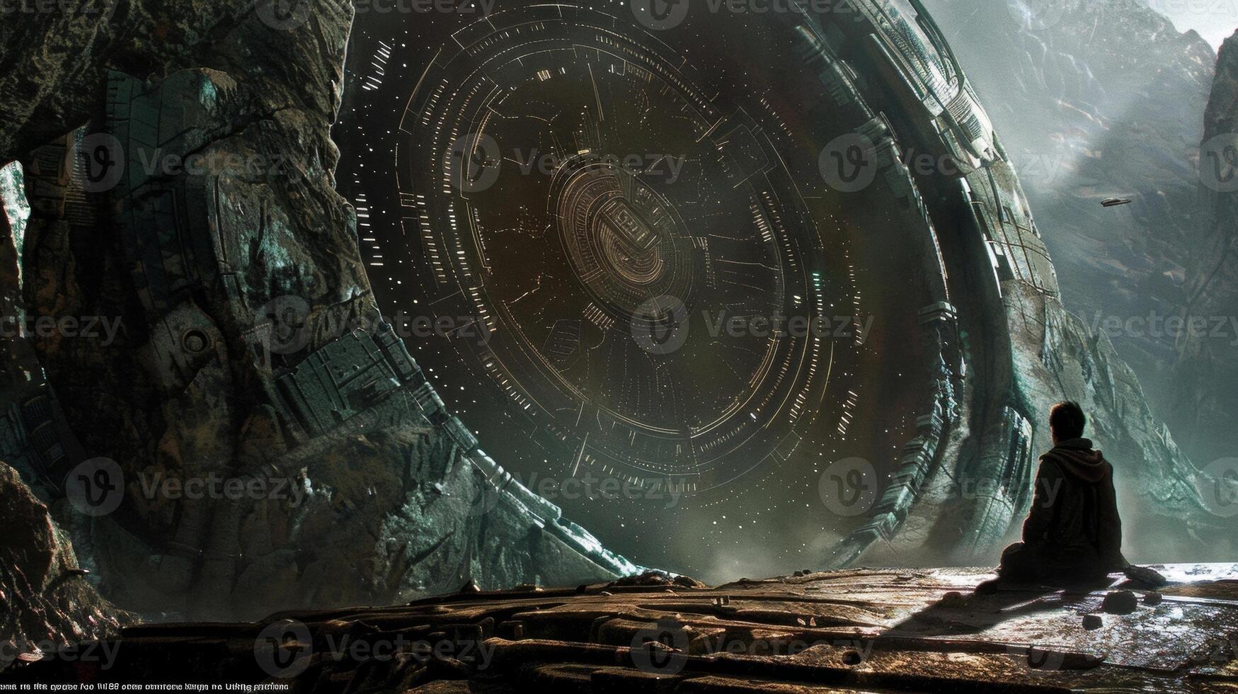 In the presence of an enigmatic alien artifact a lone explorer gazes at the symbols trying to unlock their hidden meaning. . photo