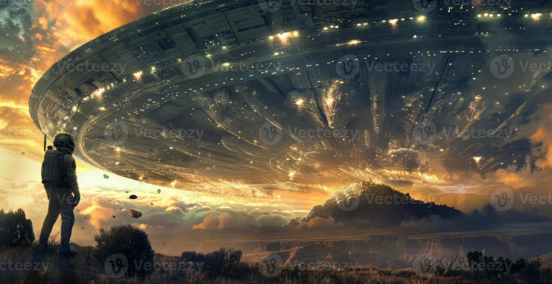 With their back to the camera a brave soul valiantly decodes the mysterious communication emanating from a colossal extraterrestrial . photo