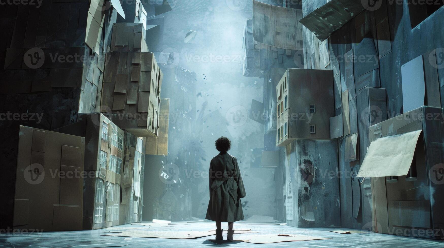 A lone figure stands on a stylized street with towering buildings made of cardboard and paper mache. Dressed in a worn trench coat . photo