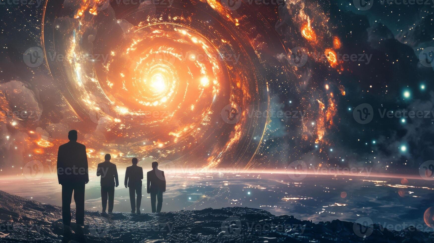 A solemn group of leaders discussing strategies on a cosmic battleground surrounded by swirling stars and planets. . photo