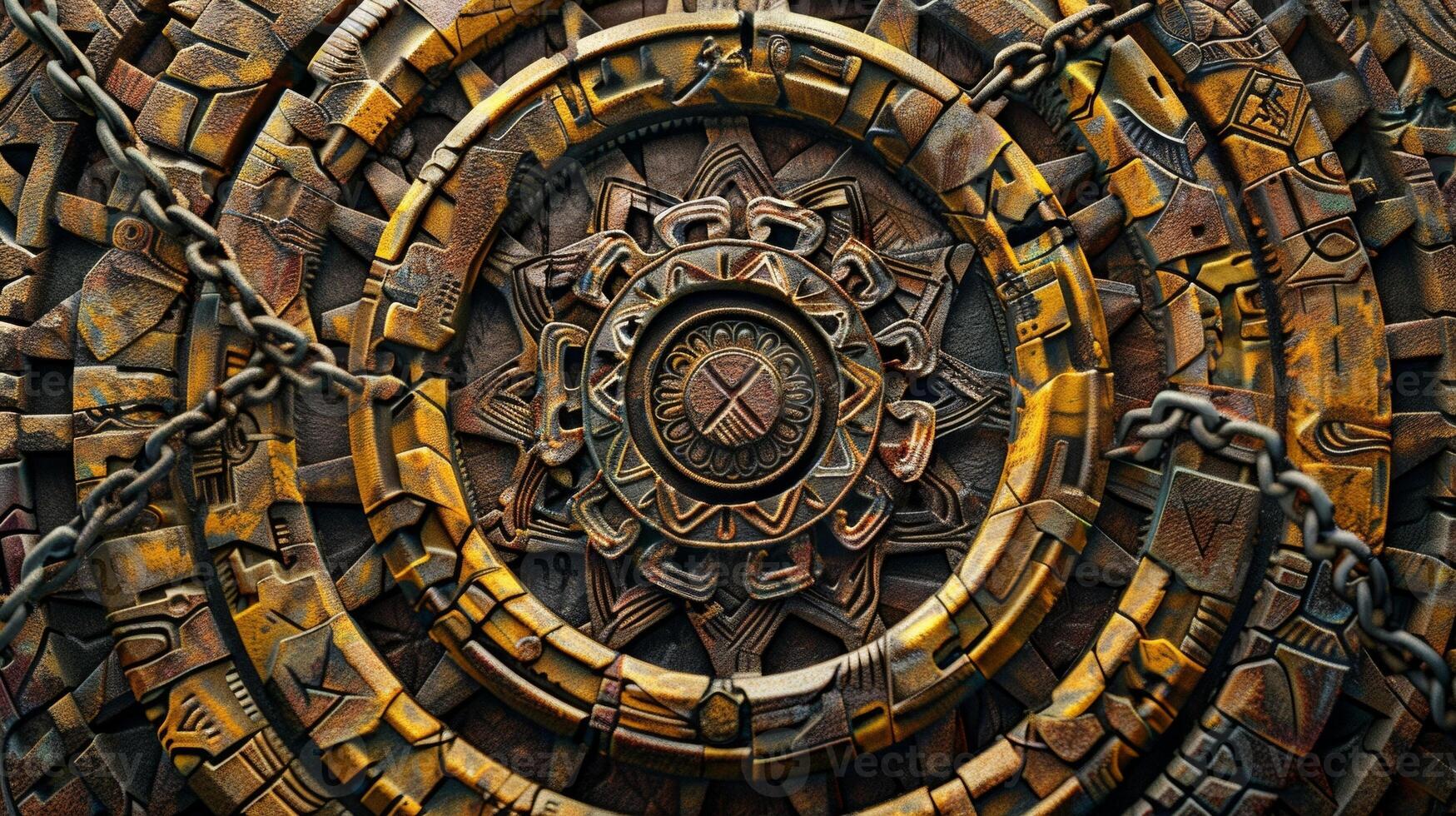 A collage of intricate patterns and symbols from various cultures with a chain of biofuel symbols running through the center. photo