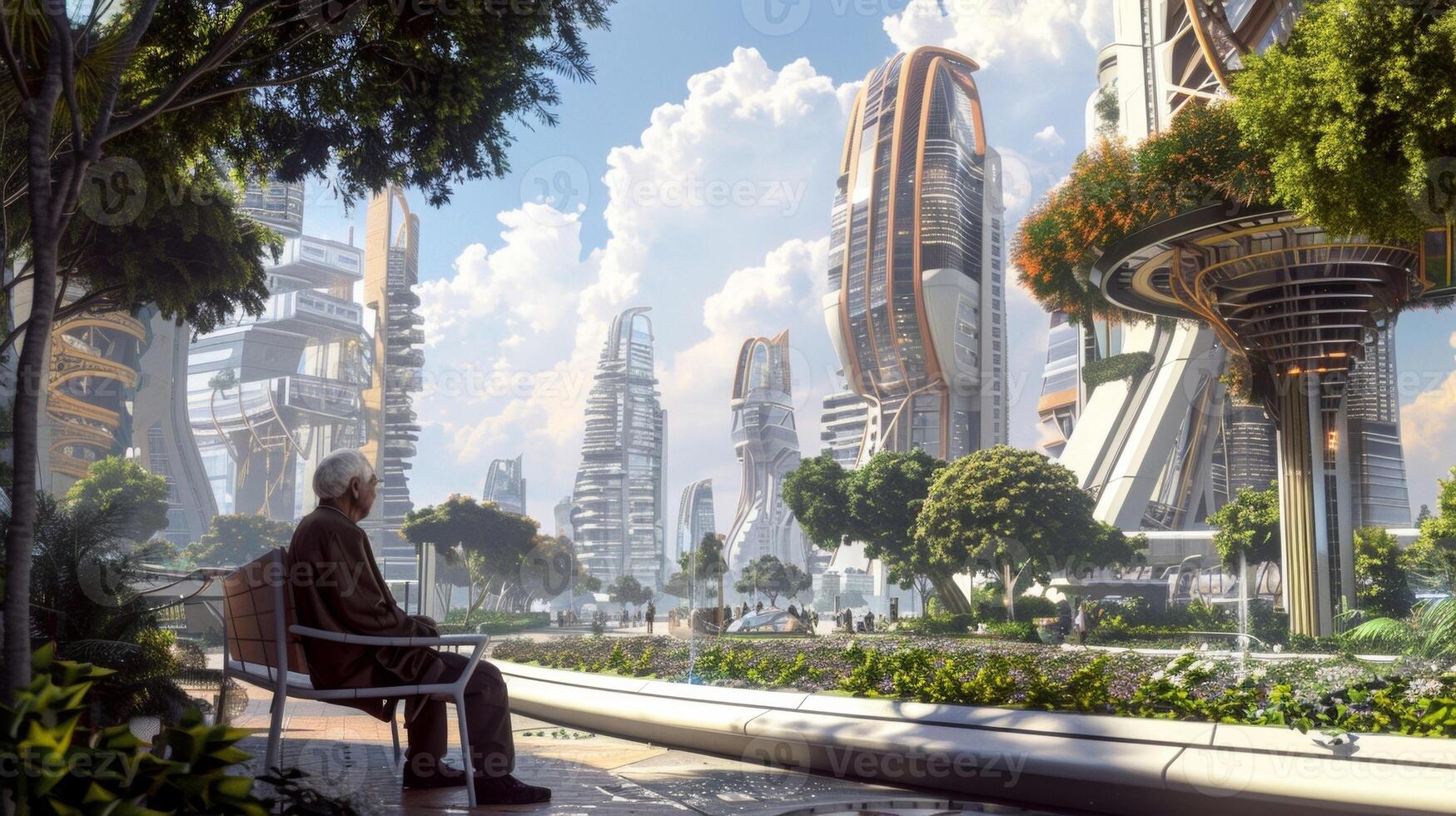 An elderly man sitting on a bench near a futuristic park surrounded by towering ecofriendly buildings and a biofuel station in the distance smiling as he watches the citys progress. photo