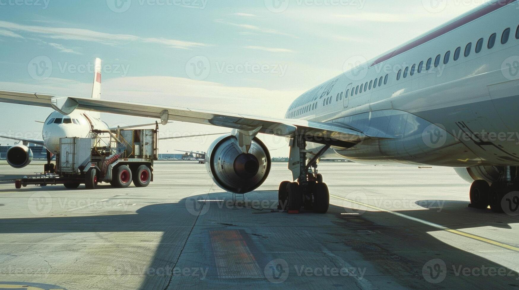 A closeup of a fuel truck refueling a commercial airplane on the tarmac with a large Biofuel decal visible on the side. photo