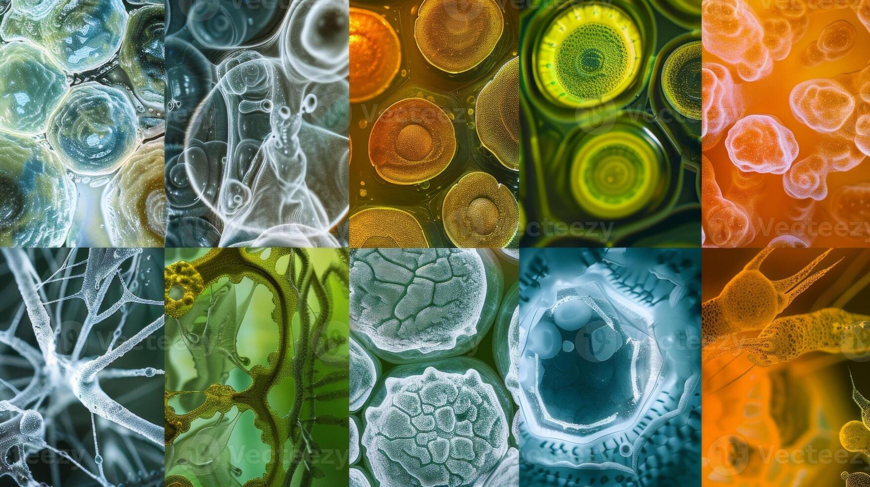 A montage of different microscopic images showcasing the diverse range of organisms and processes involved in creating biofuel. From tiny bacteria to intricate machinery each image photo