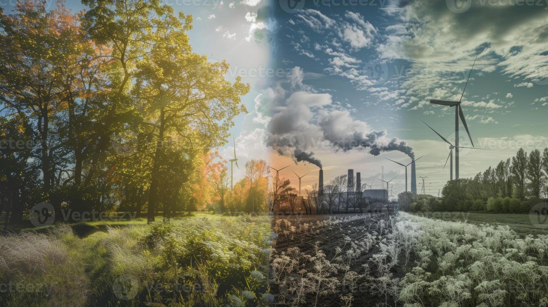 A sidebyside comparison of two landscapes one with lush green trees clean air and a wind turbine in the background and the other with a barren polluted scene with smokestacks from photo