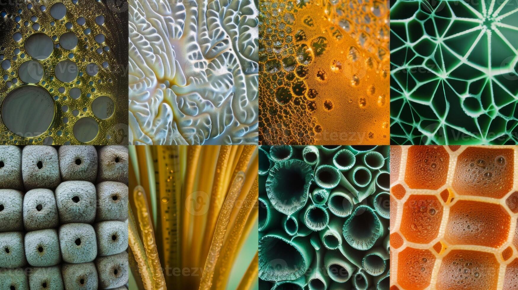 A series of photographs zoomed in on different biofuel molecules each with their unique geometric patterns and textures. The images are presented in a grid formation creating a visually photo