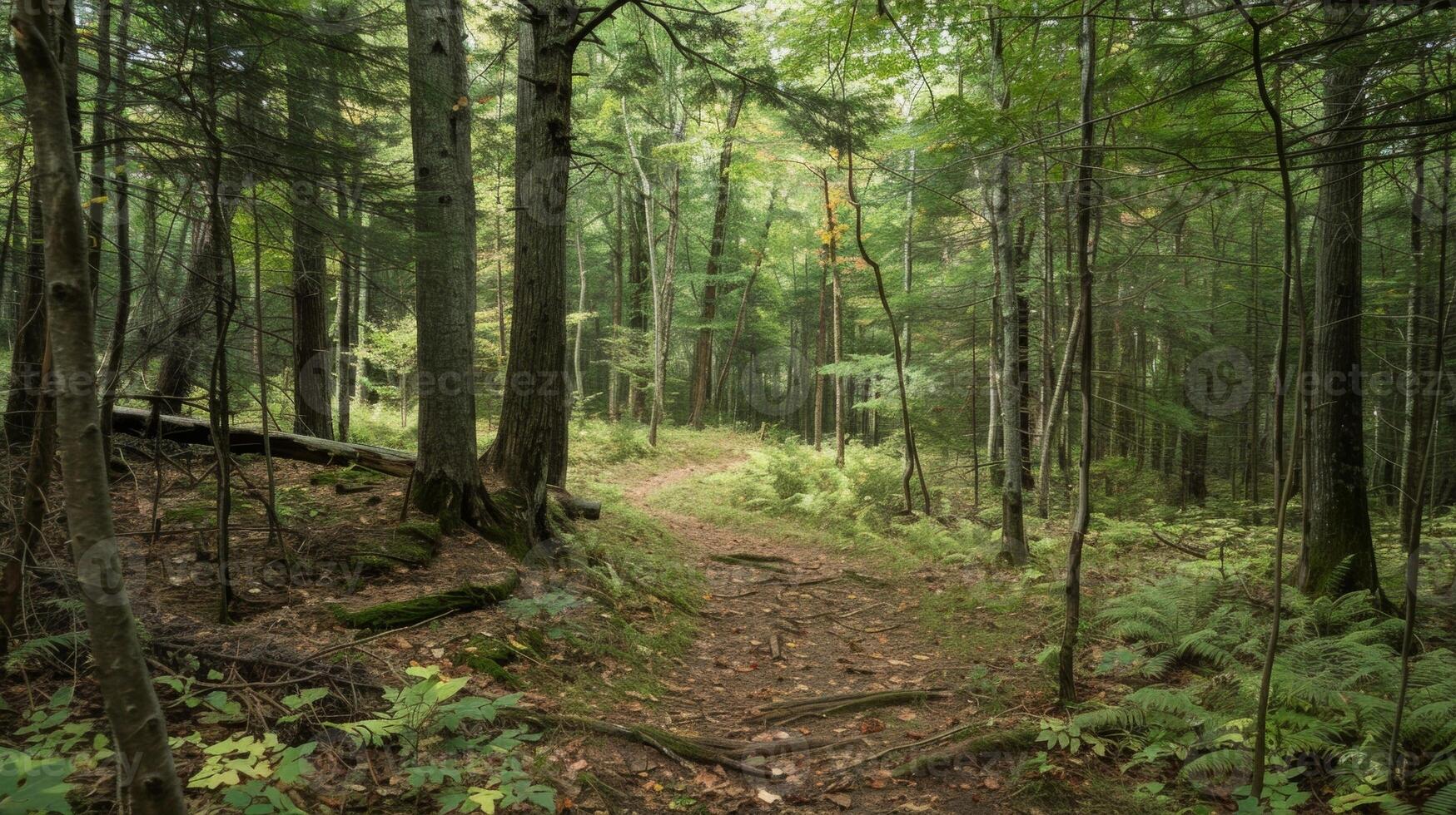 A dense forest is intersected by winding hiking trails showcasing the coexistence of recreational activity and wildlife habitat. photo
