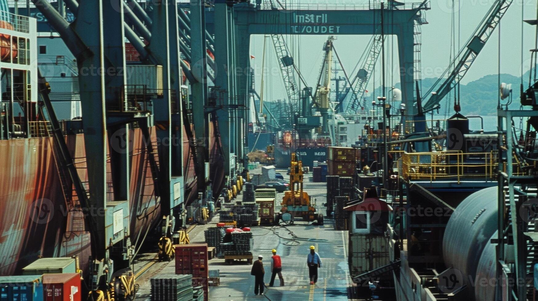 A crowded port with large tankers carrying shipments of biofuel from one country to another. Workers load and unload the tanks while cranes lift containers filled with biofuel off photo