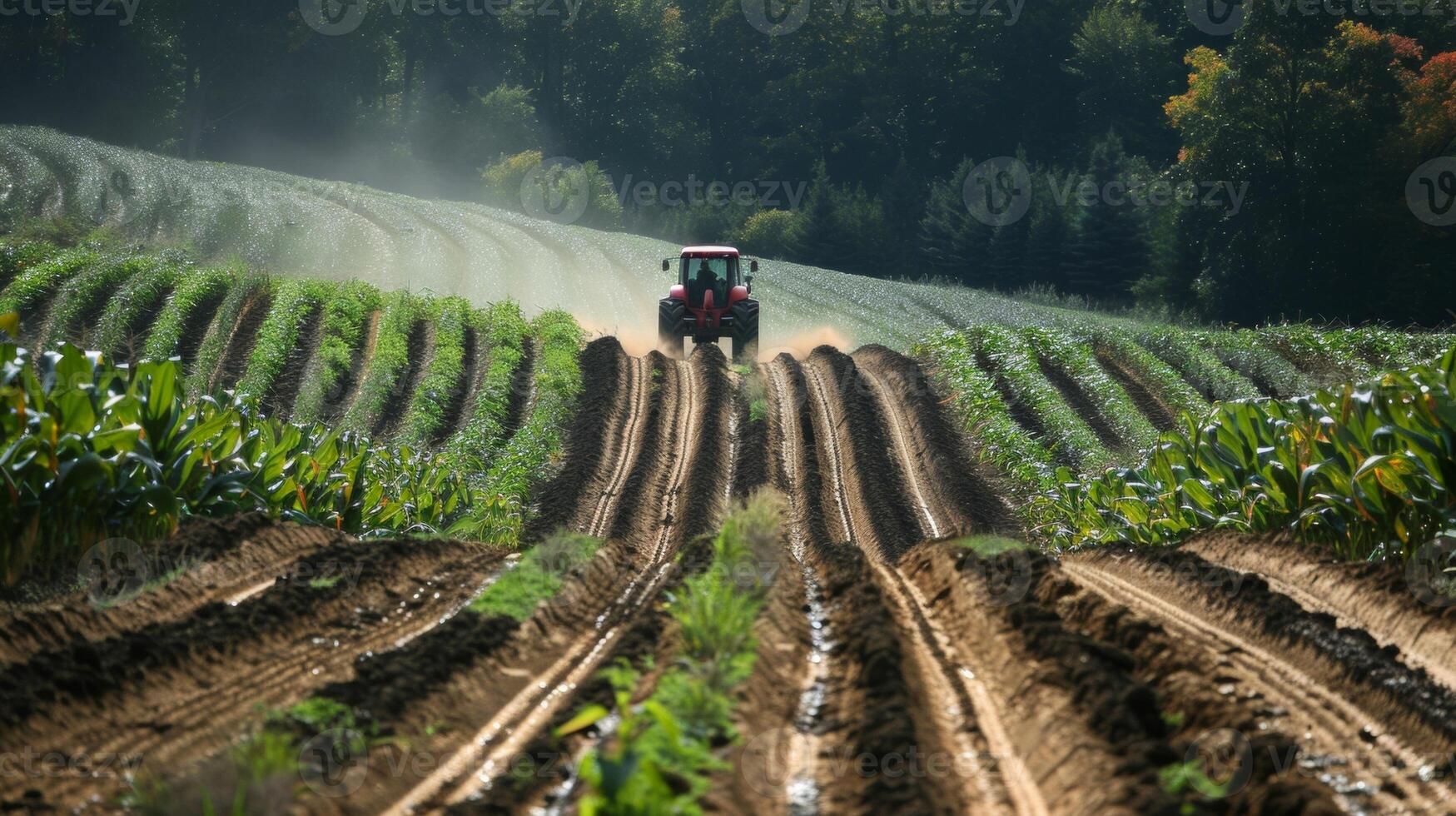 A farmer plowing his field surrounded by rows of genetically modified corn. With higher yields and droughtresistant properties this biofuel crop is revolutionizing the way agricultural photo