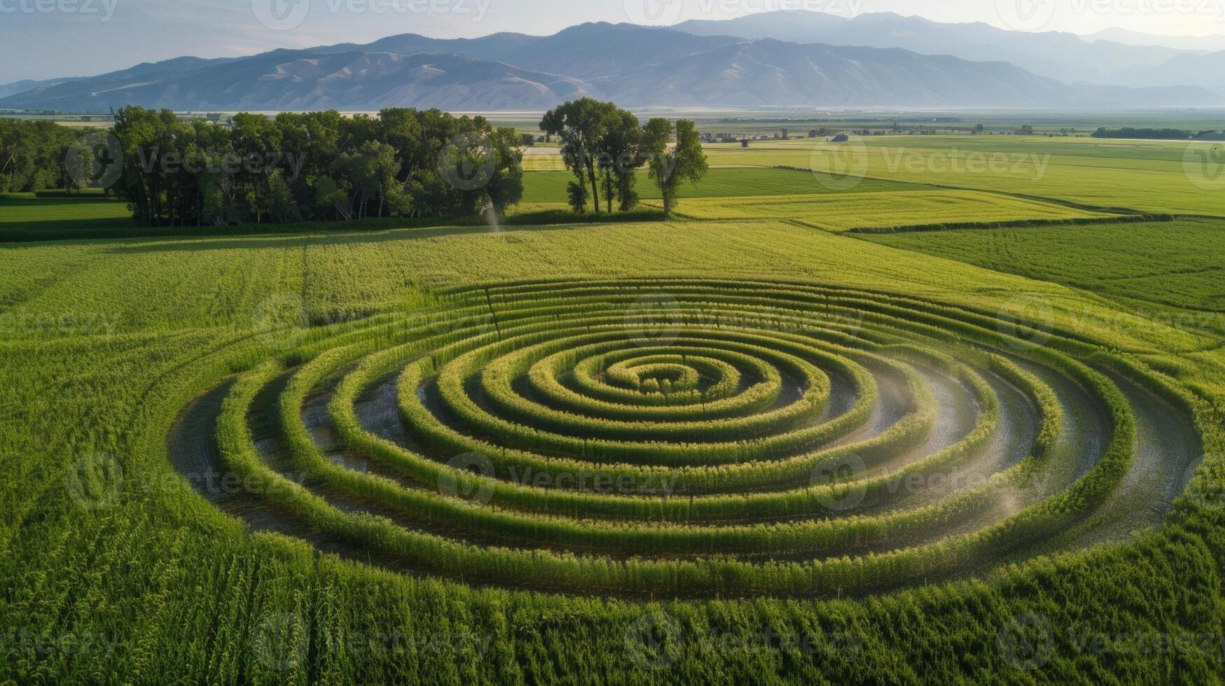 An aerial shot of a center pivot irrigation system in action creating a sweeping circular pattern of wetness in a biofuel crop field. Trees line the edges of the field and mountains photo