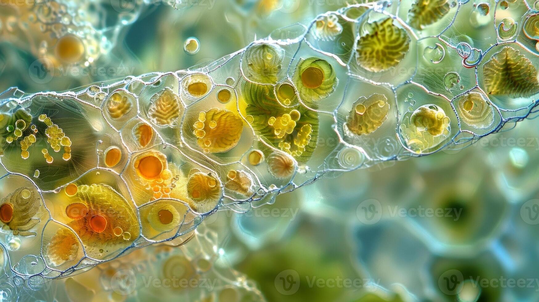 A closeup of a microscope slide containing a single tiny microalgae cell magnified to reveal intricate structures and patterns. This image represents the microscopic world of microalgae photo