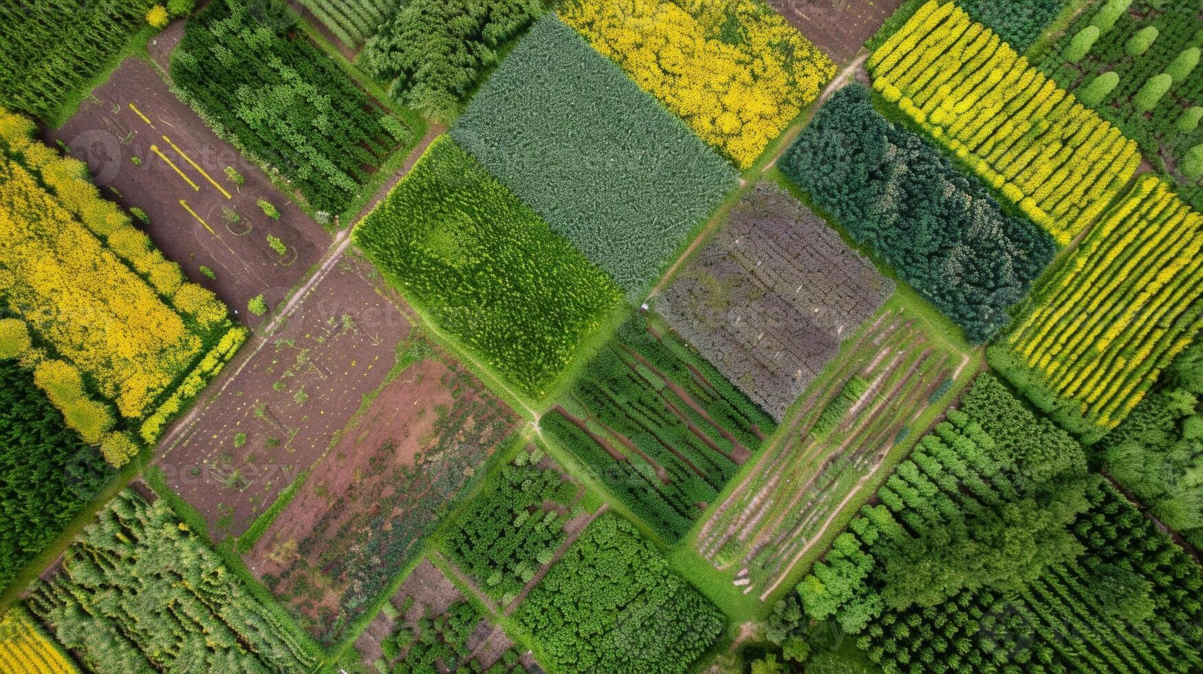 A view from above shows the intricate patterns of interplanted crops in the biofuel farm resembling a colorful mosaic of greens yellows and purples. This od allows for efficient use photo