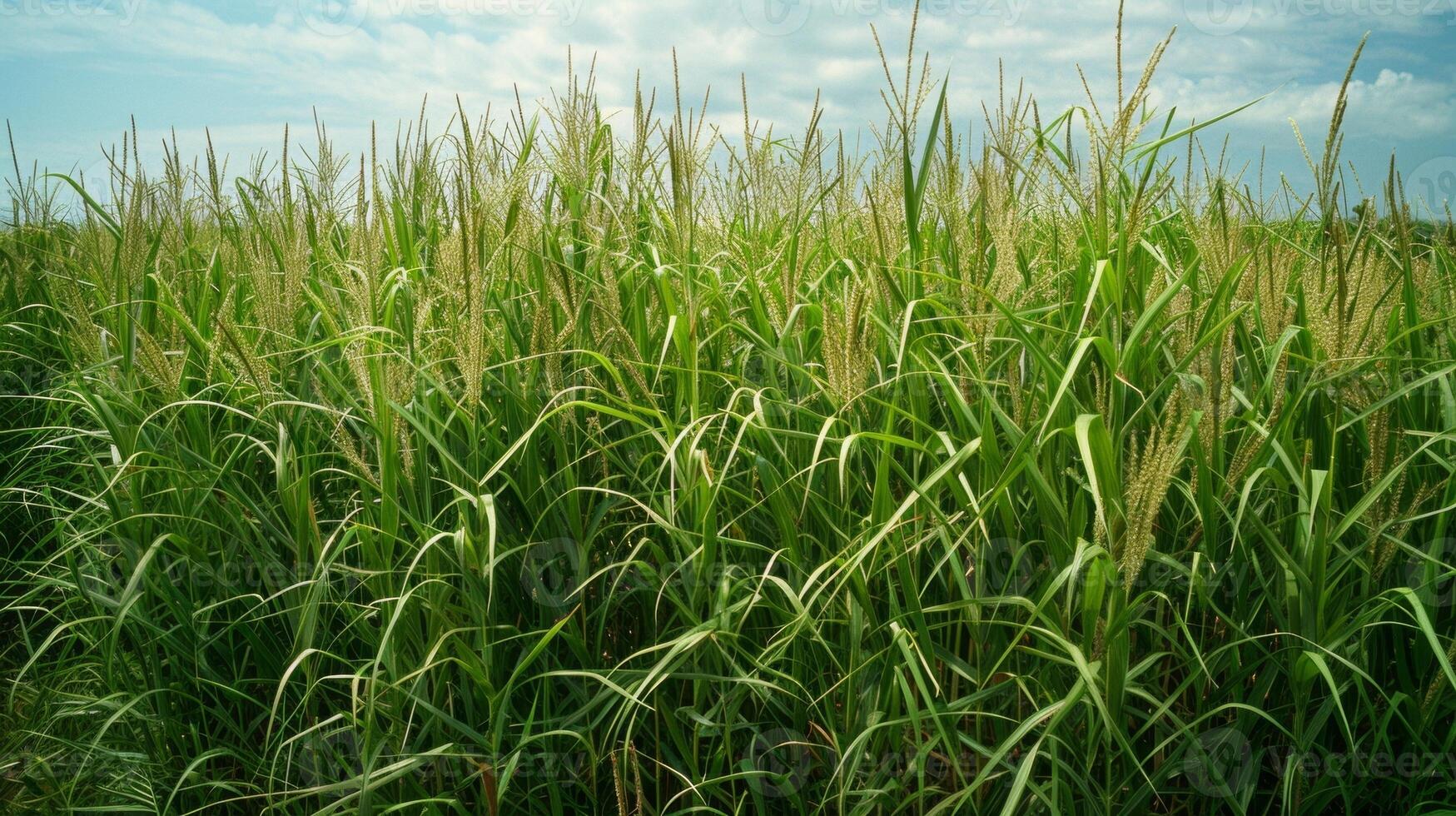 A photograph of a large field of switchgrass a commonly used biofuel crop with a caption detailing how this plant can be converted into a sustainable fuel source. photo
