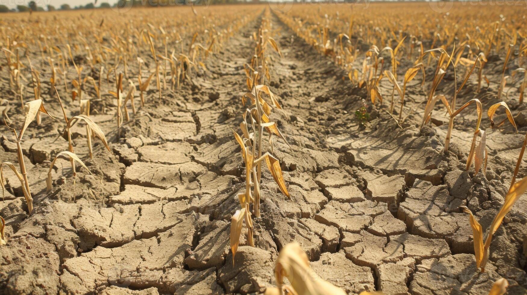 A closeup image of a sunscorched field with brown withered plants and cracked earth. The article discusses the negative impact of droughts on biofuel crop production and possible photo
