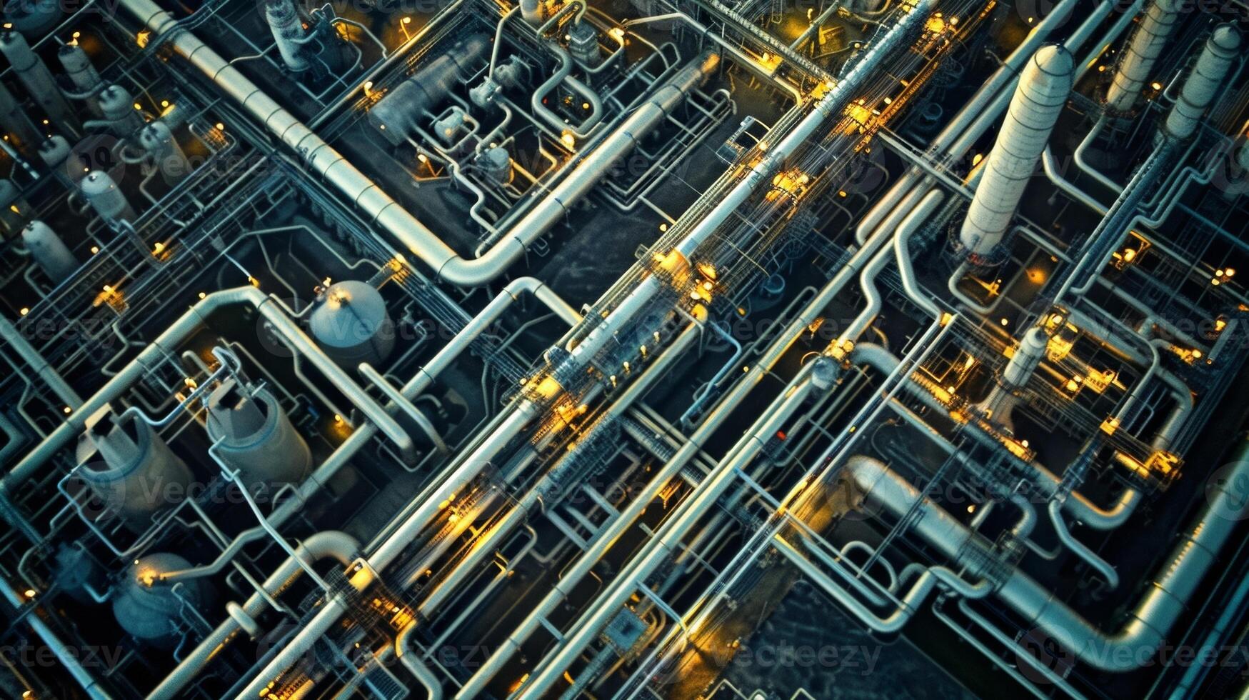 An aerial view shows a complex network of pipelines connecting various biofuel plants to a central carbon capture facility. This interconnected system allows for efficient capture photo