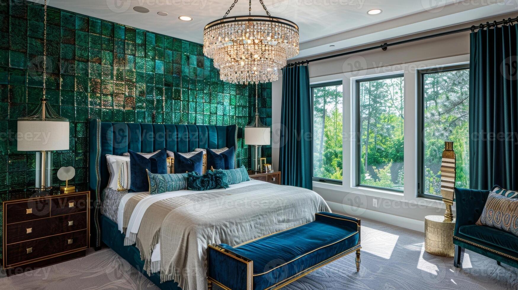 In the master bedroom a statement wall is created with a bold mosaic tile pattern in shades of navy blue and emerald green. The bed dressed in luxurious velvet bedding sits atop a photo
