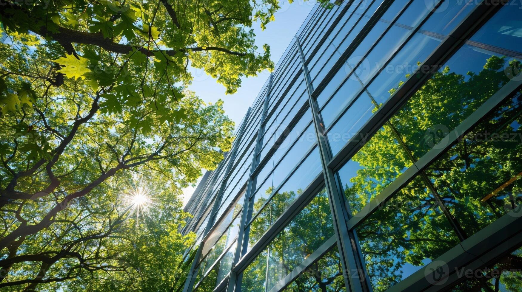In the foreground a large building with a gleaming facade stands a tall trees and vibrant foliage a symbol of progress in the development of sustainable fuel sources. photo